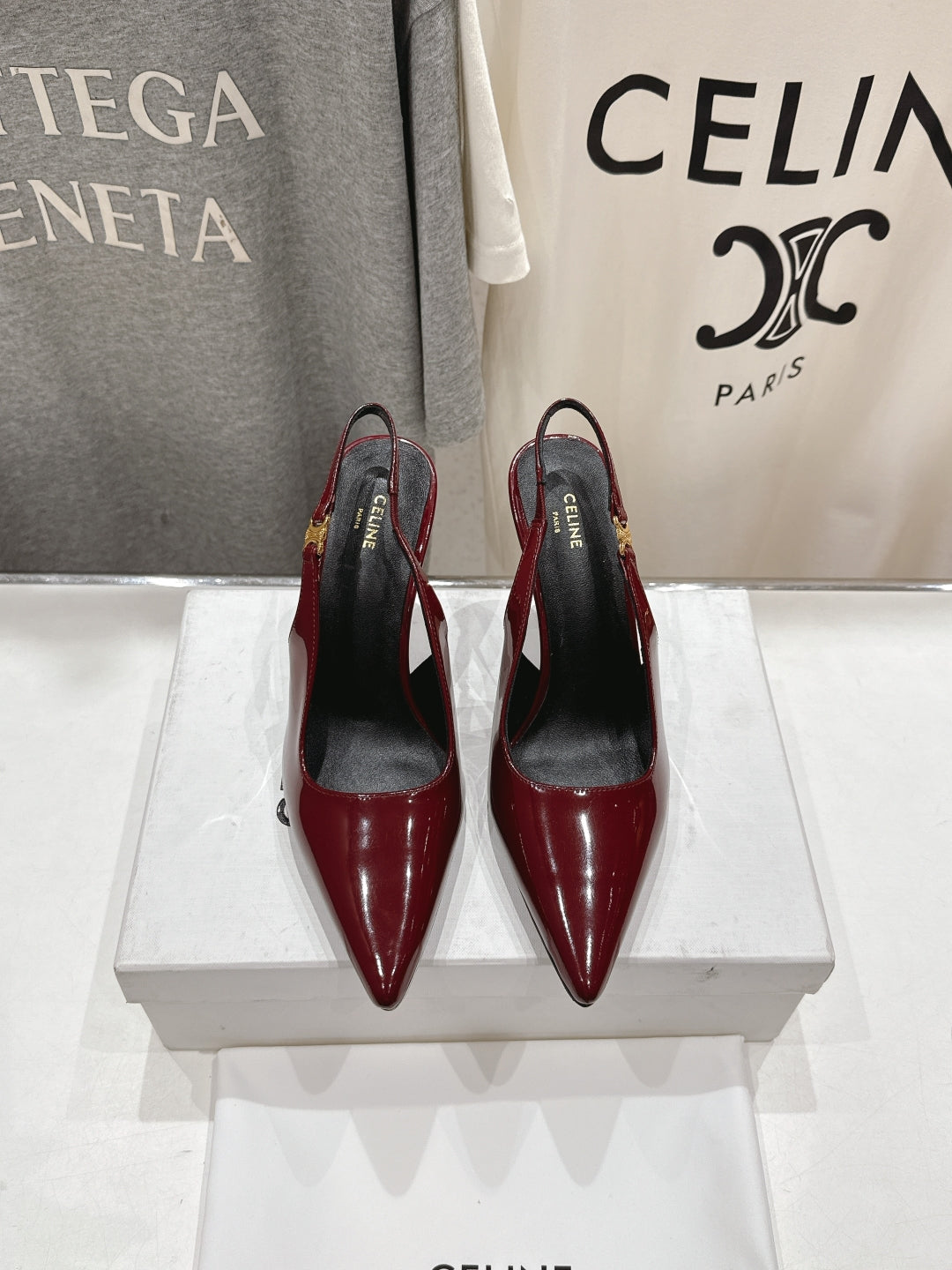 JUDY TRIOMPHE STILETTO SLINGBACK 75MM IN BURGUNDY RED PATENT CALFSKIN