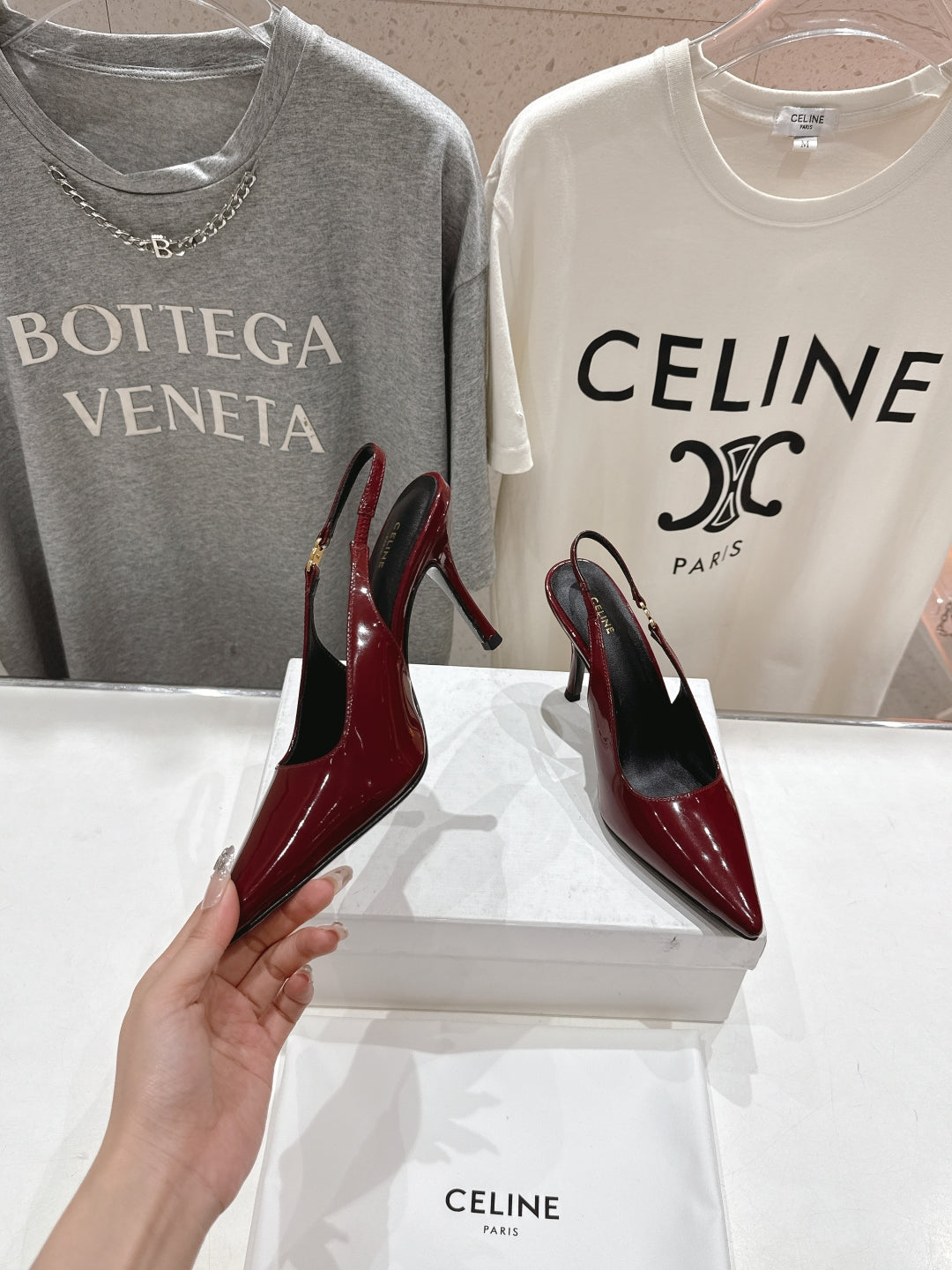 JUDY TRIOMPHE STILETTO SLINGBACK 75MM IN BURGUNDY RED PATENT CALFSKIN