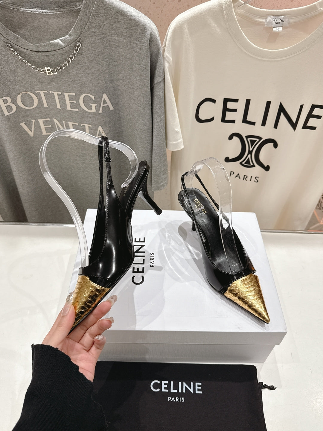 JUDY CAP TOE SLINGBACK 65MM IN BLACK SHINY CALFSKIN AND GOLD SNAKE EMBOSSED LEATHER