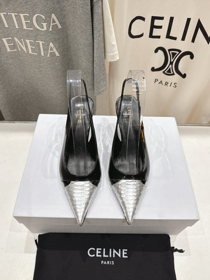 JUDY CAP TOE SLINGBACK 65MM IN BLACK SHINY CALFSKIN AND SILVER SNAKE EMBOSSED LEATHER