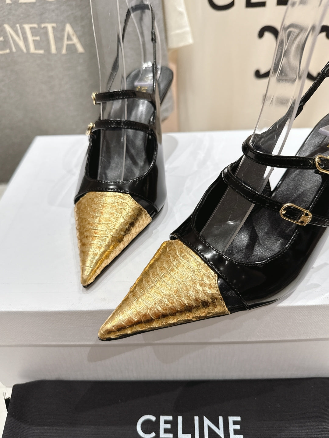 JUDY DOUBLE STRAP MARY JANE SLINGBACK 65MM IN BLACK SHINY CALFSKIN AND GOLD SNAKE EMBOSSED LEATHER