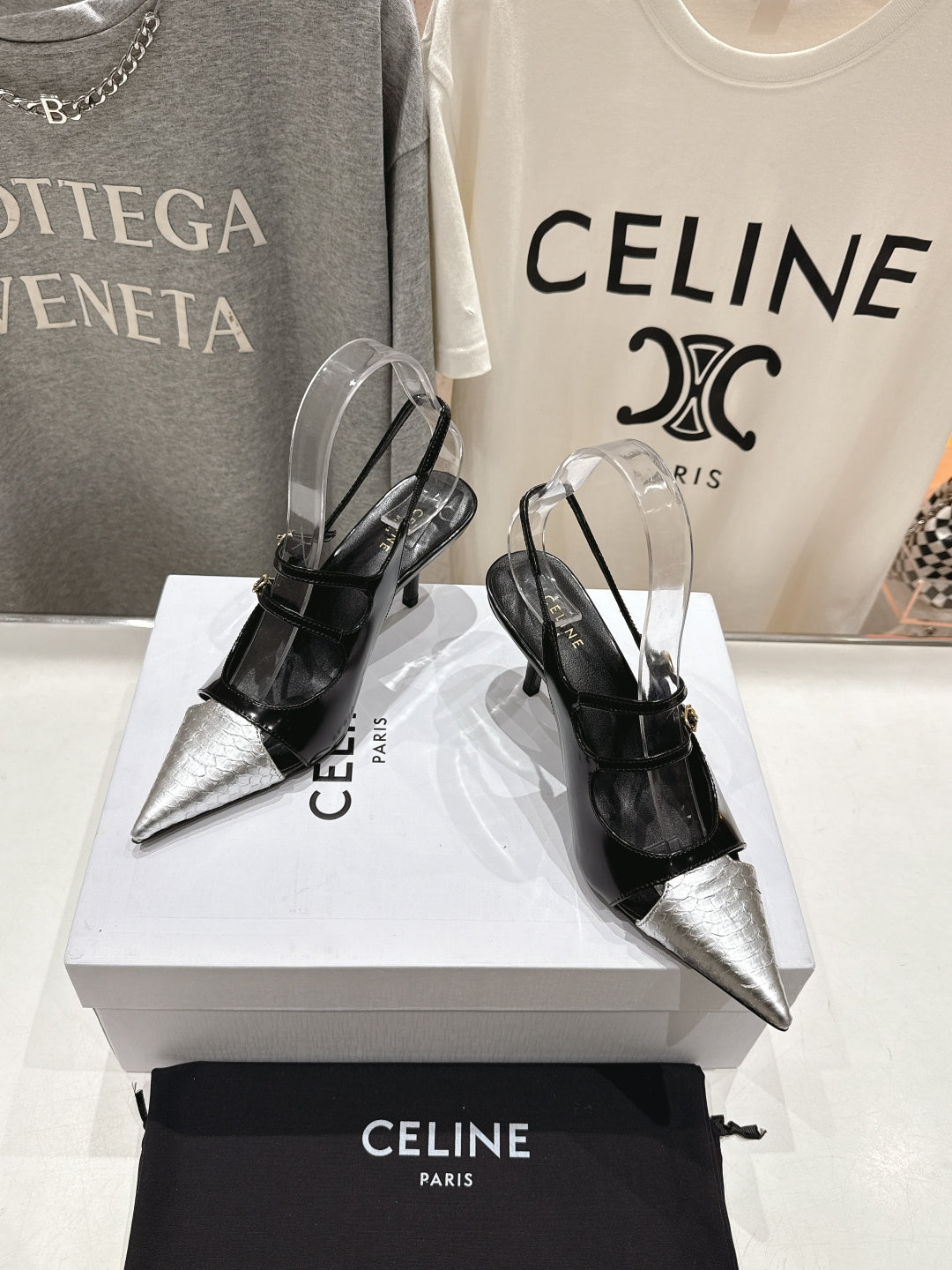JUDY DOUBLE STRAP MARY JANE SLINGBACK 65MM IN BLACK SHINY CALFSKIN AND SILVER SNAKE EMBOSSED LEATHER