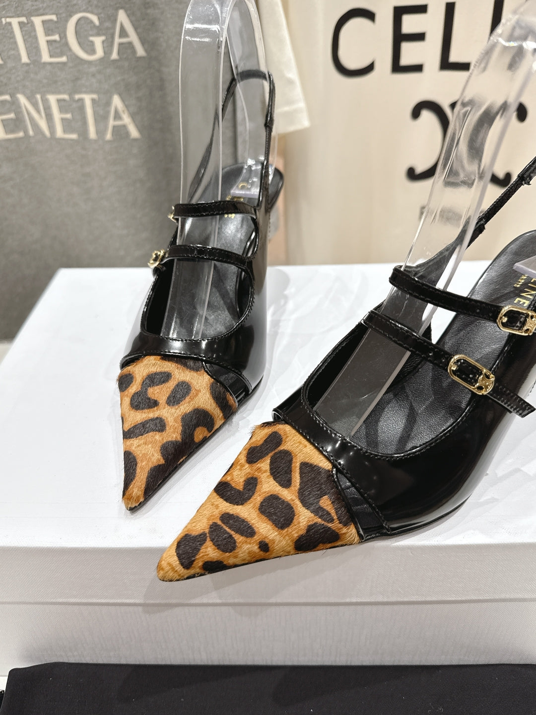 JUDY DOUBLE STRAP MARY JANE SLINGBACK 65MM IN BLACK PATENT CALFSKIN AND LEOPARD PRINTED HAIRY CALFSKIN