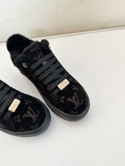 TIME OUT SNEAKER IN BLACK MONOGRAM EMBOSSED SUEDE WITH FLEECE LINING