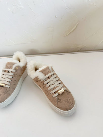 TIME OUT SNEAKER IN DESERT BROWN MONOGRAM EMBOSSED SUEDE WITH FLEECE LINING