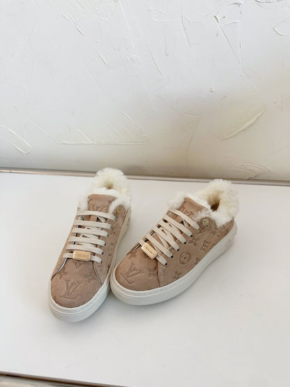 TIME OUT SNEAKER IN DESERT BROWN MONOGRAM EMBOSSED SUEDE WITH FLEECE LINING