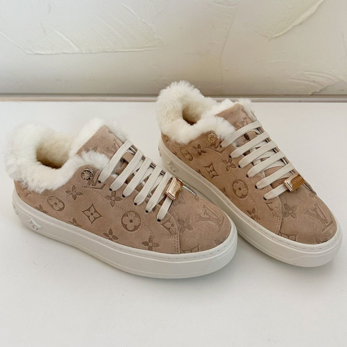 TIME OUT SNEAKER IN DESERT BROWN MONOGRAM EMBOSSED SUEDE WITH FLEECE LINING