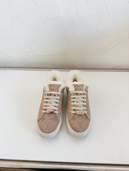 TIME OUT SNEAKER IN DESERT BROWN MONOGRAM EMBOSSED SUEDE WITH FLEECE LINING
