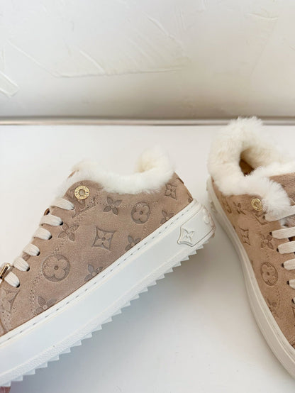 TIME OUT SNEAKER IN DESERT BROWN MONOGRAM EMBOSSED SUEDE WITH FLEECE LINING