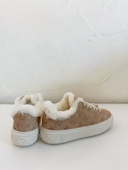 TIME OUT SNEAKER IN DESERT BROWN MONOGRAM EMBOSSED SUEDE WITH FLEECE LINING