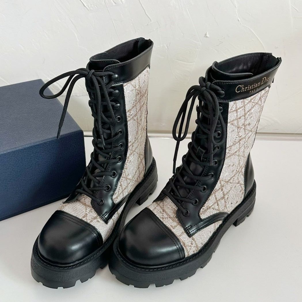 D-UNIT ANKLE BOOT BLACK CALFSKIN WITH BEIGE AND BLACK CANNAGE TWEED