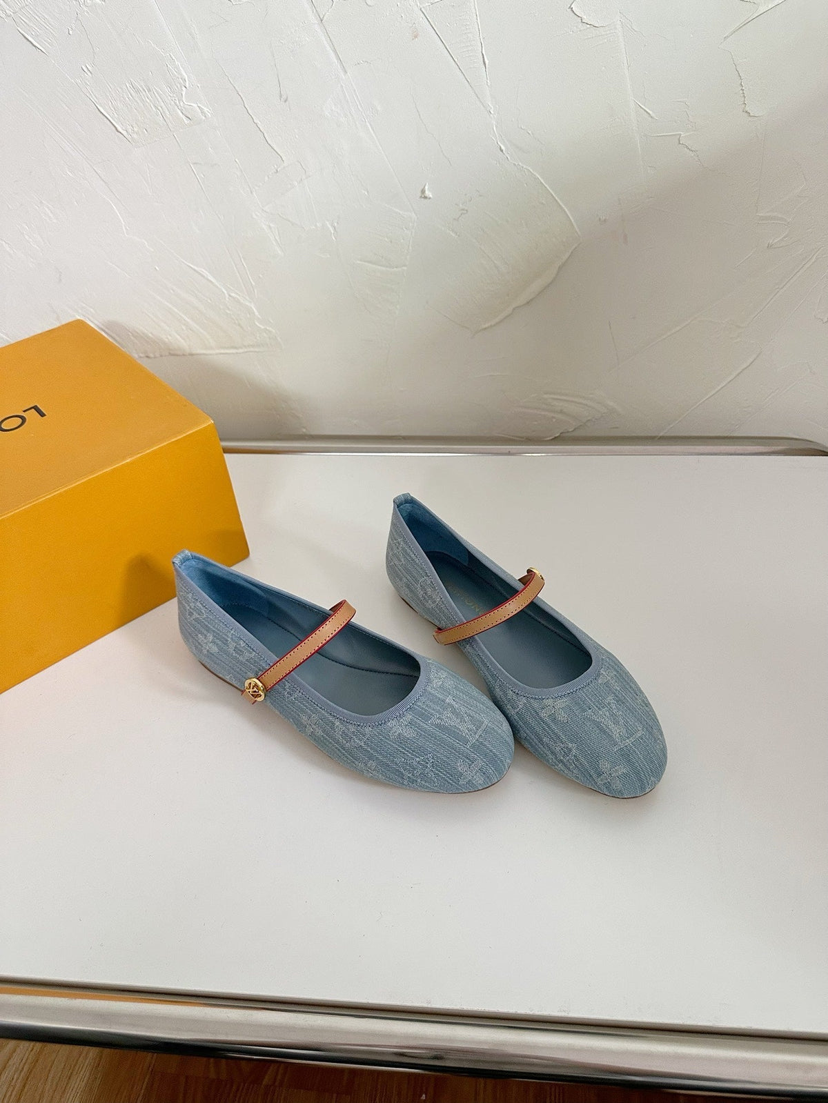 ROMY FLAT BALLERINA IN LIGHT BLUE MONOGRAM DENIM FABRIC