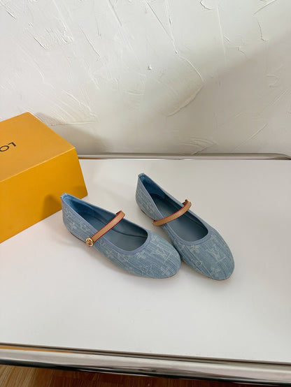 ROMY FLAT BALLERINA IN LIGHT BLUE MONOGRAM DENIM FABRIC