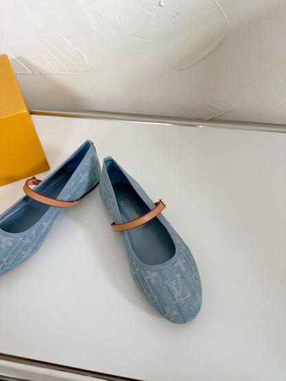 ROMY FLAT BALLERINA IN LIGHT BLUE MONOGRAM DENIM FABRIC