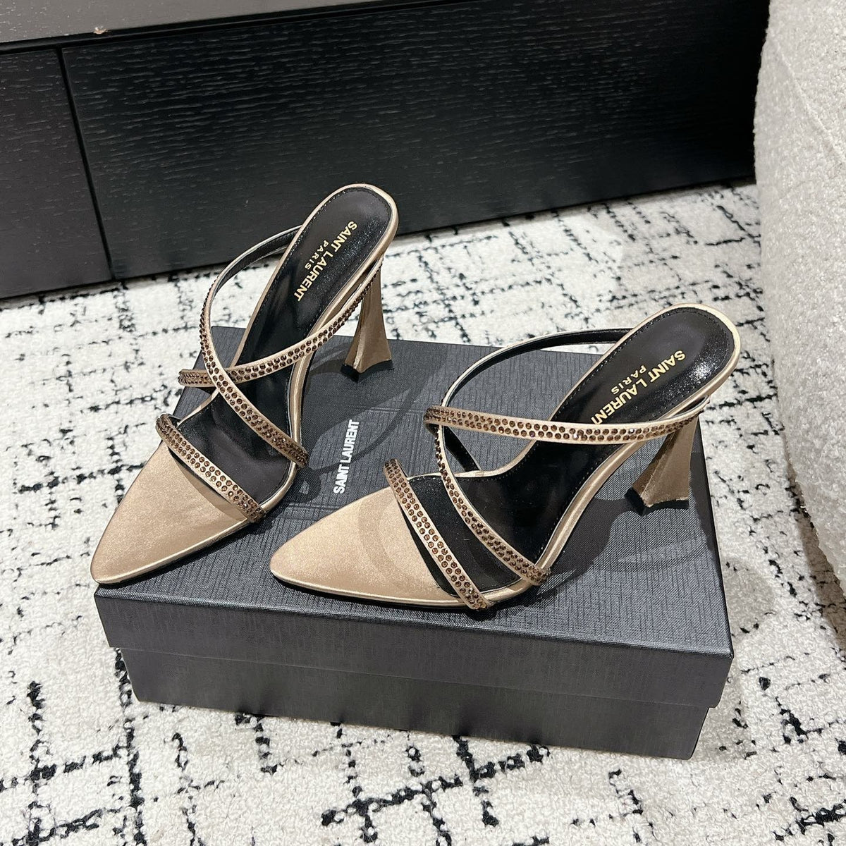HIGH CRYSTAL STRAP SANDALS IN BOUTIQUE BEIGE SILK