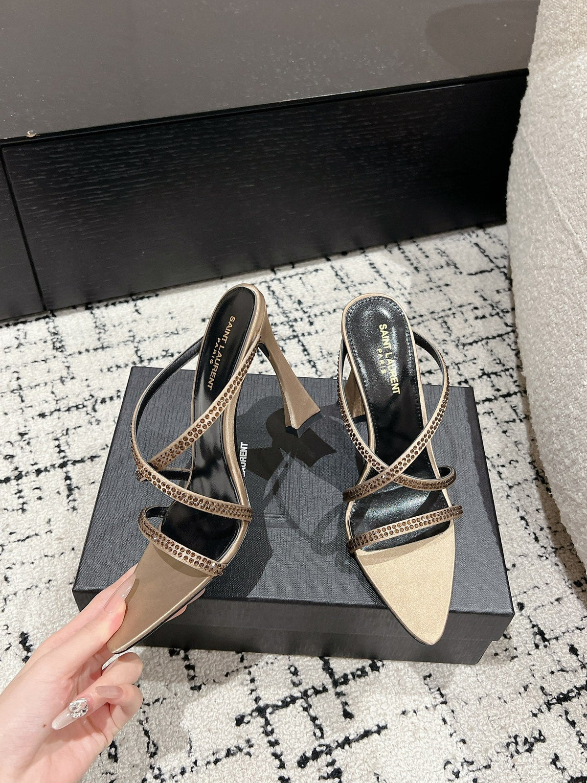 HIGH CRYSTAL STRAP SANDALS IN BOUTIQUE BEIGE SILK