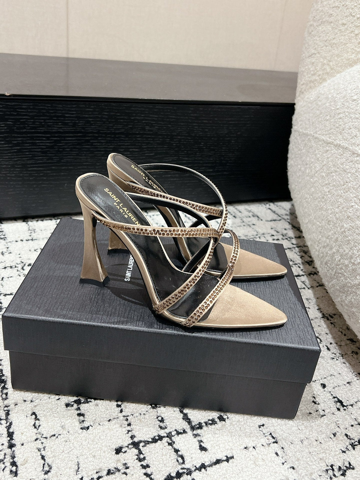 HIGH CRYSTAL STRAP SANDALS IN BOUTIQUE BEIGE SILK