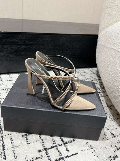 HIGH CRYSTAL STRAP SANDALS IN BOUTIQUE BEIGE SILK
