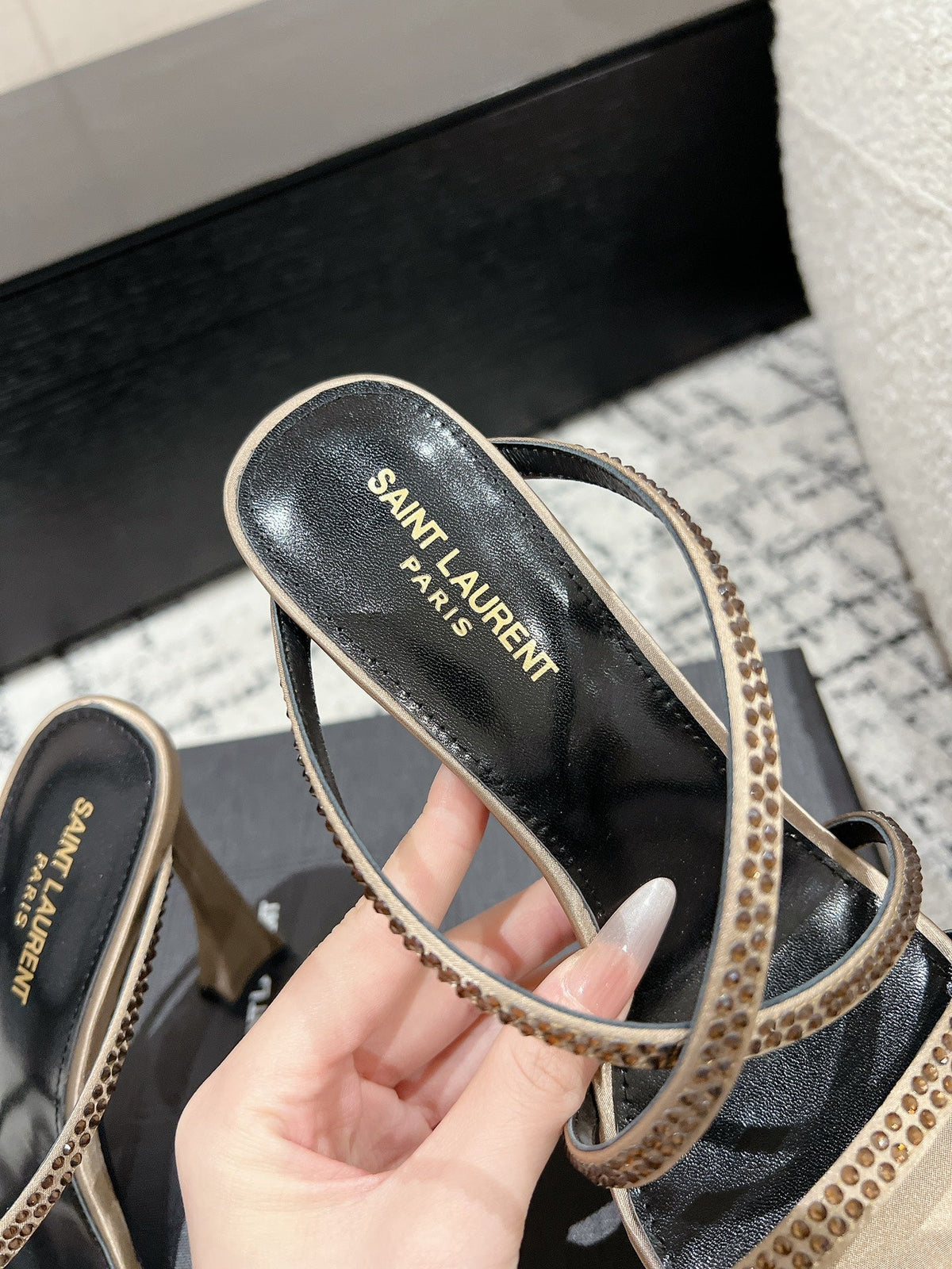 HIGH CRYSTAL STRAP SANDALS IN BOUTIQUE BEIGE SILK