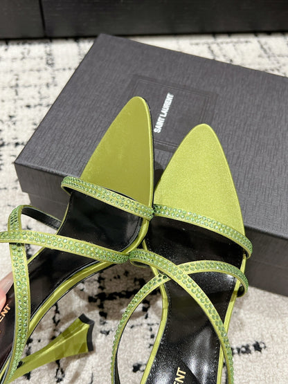 HIGH CRYSTAL STRAP SANDALS IN PEAR GREEN SILK