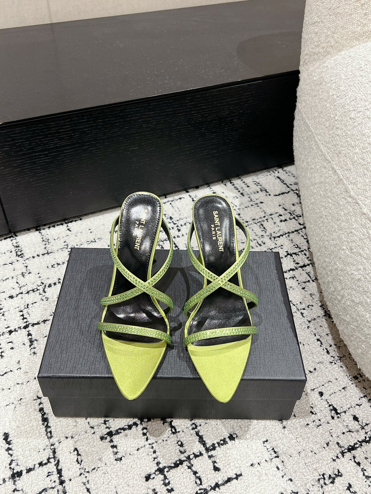 HIGH CRYSTAL STRAP SANDALS IN PEAR GREEN SILK