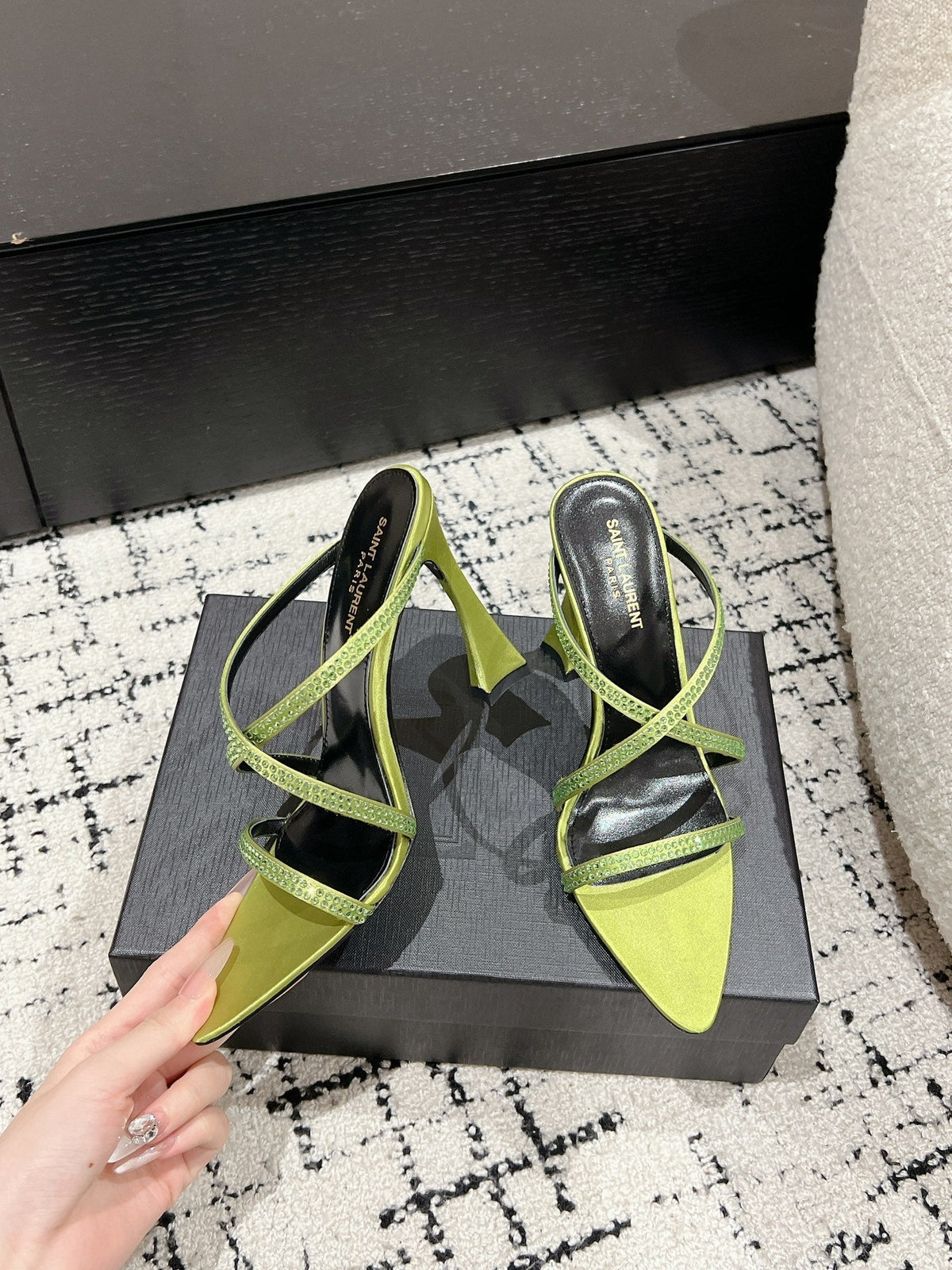 HIGH CRYSTAL STRAP SANDALS IN PEAR GREEN SILK
