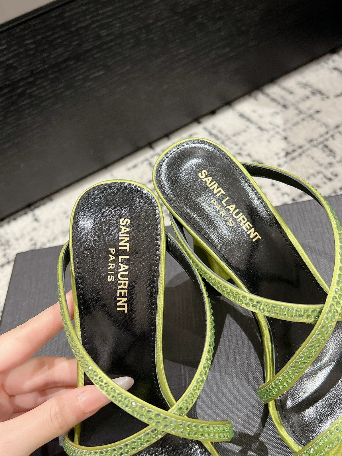 HIGH CRYSTAL STRAP SANDALS IN PEAR GREEN SILK