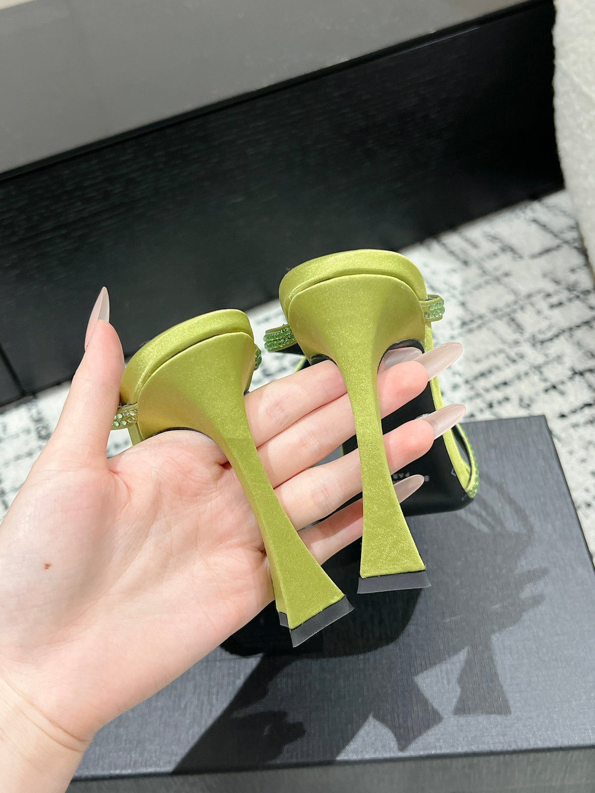 HIGH CRYSTAL STRAP SANDALS IN PEAR GREEN SILK