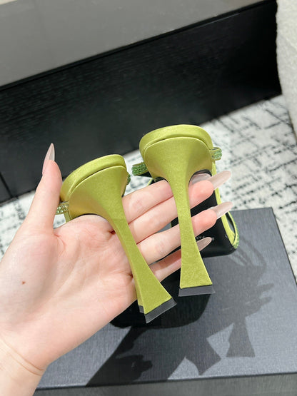 HIGH CRYSTAL STRAP SANDALS IN PEAR GREEN SILK