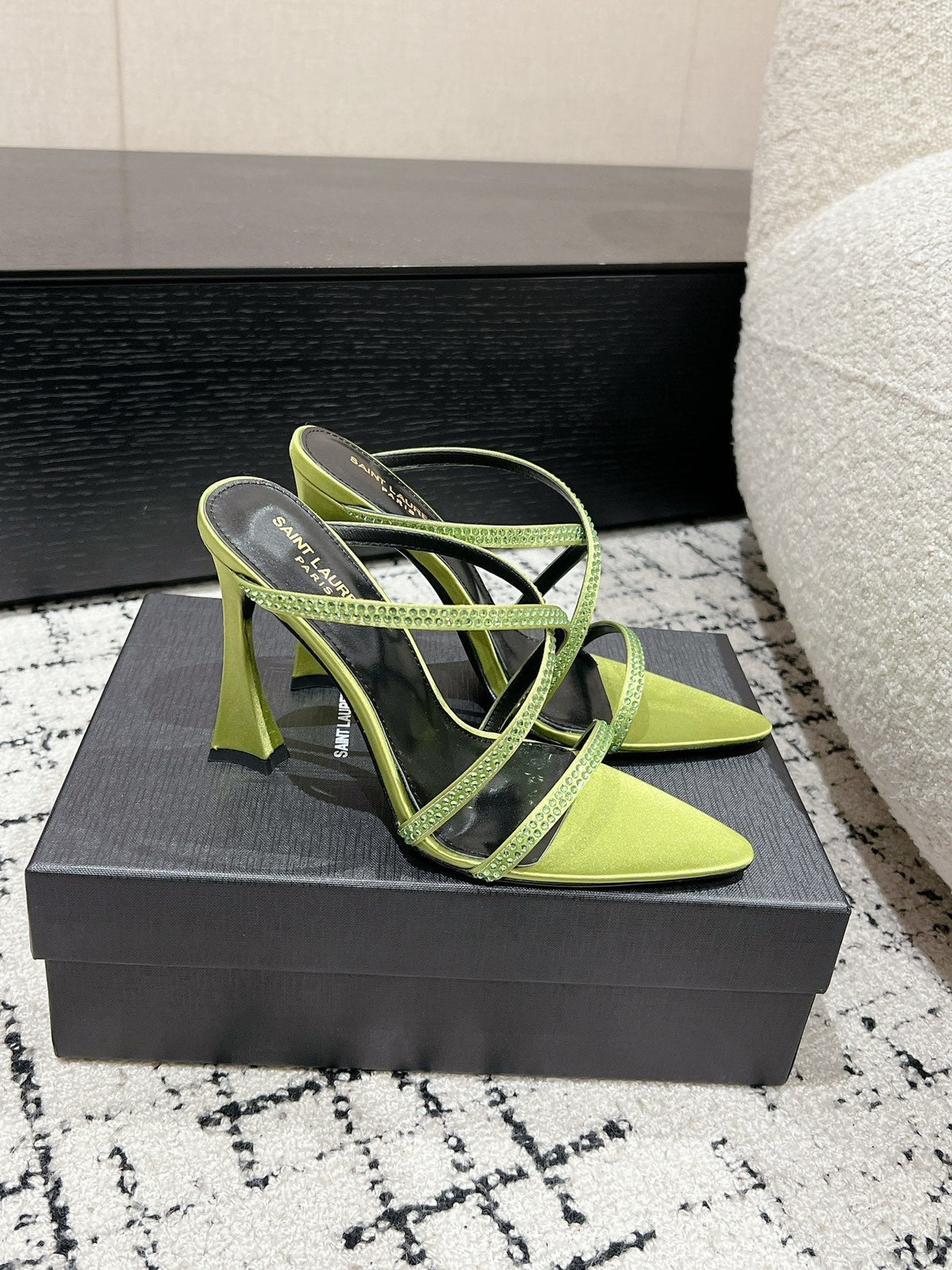 HIGH CRYSTAL STRAP SANDALS IN PEAR GREEN SILK