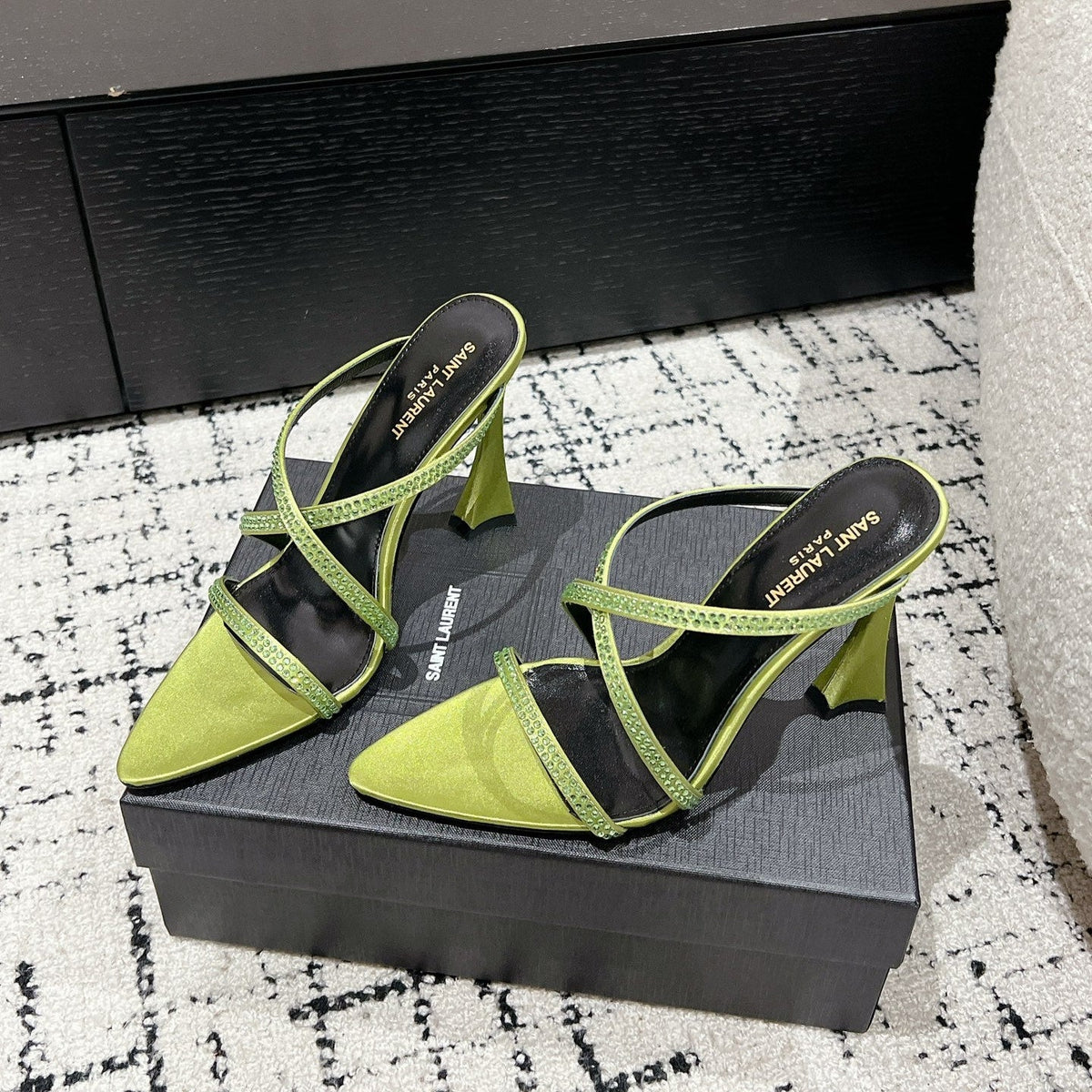 HIGH CRYSTAL STRAP SANDALS IN PEAR GREEN SILK