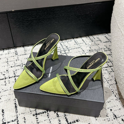 HIGH CRYSTAL STRAP SANDALS IN PEAR GREEN SILK