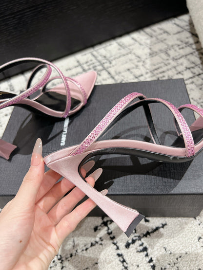 HIGH CRYSTAL STRAP SANDALS IN LIGHT PINK SILK
