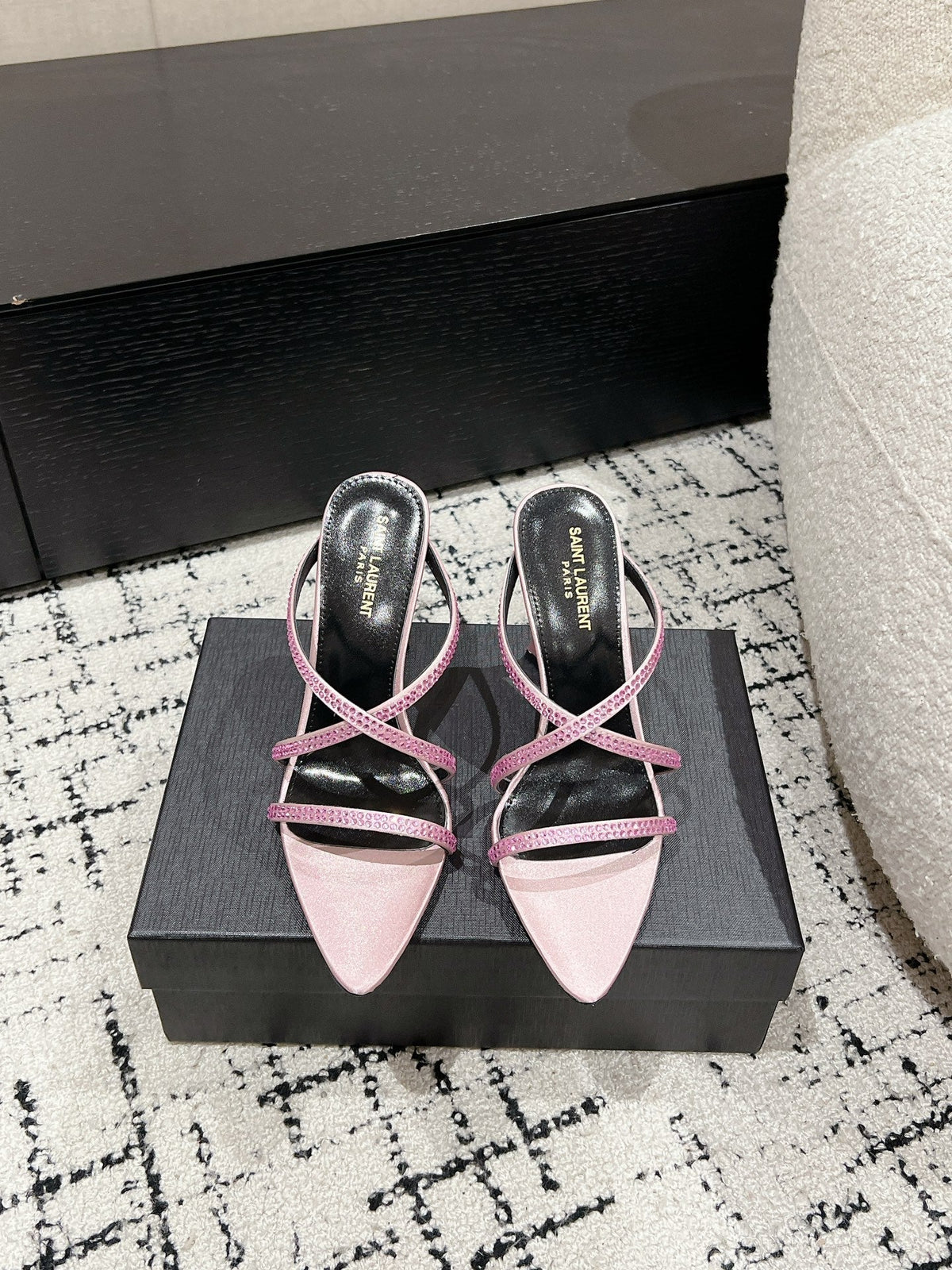 HIGH CRYSTAL STRAP SANDALS IN LIGHT PINK SILK