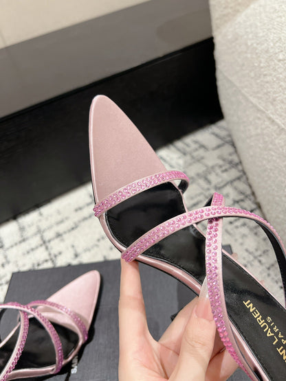 HIGH CRYSTAL STRAP SANDALS IN LIGHT PINK SILK