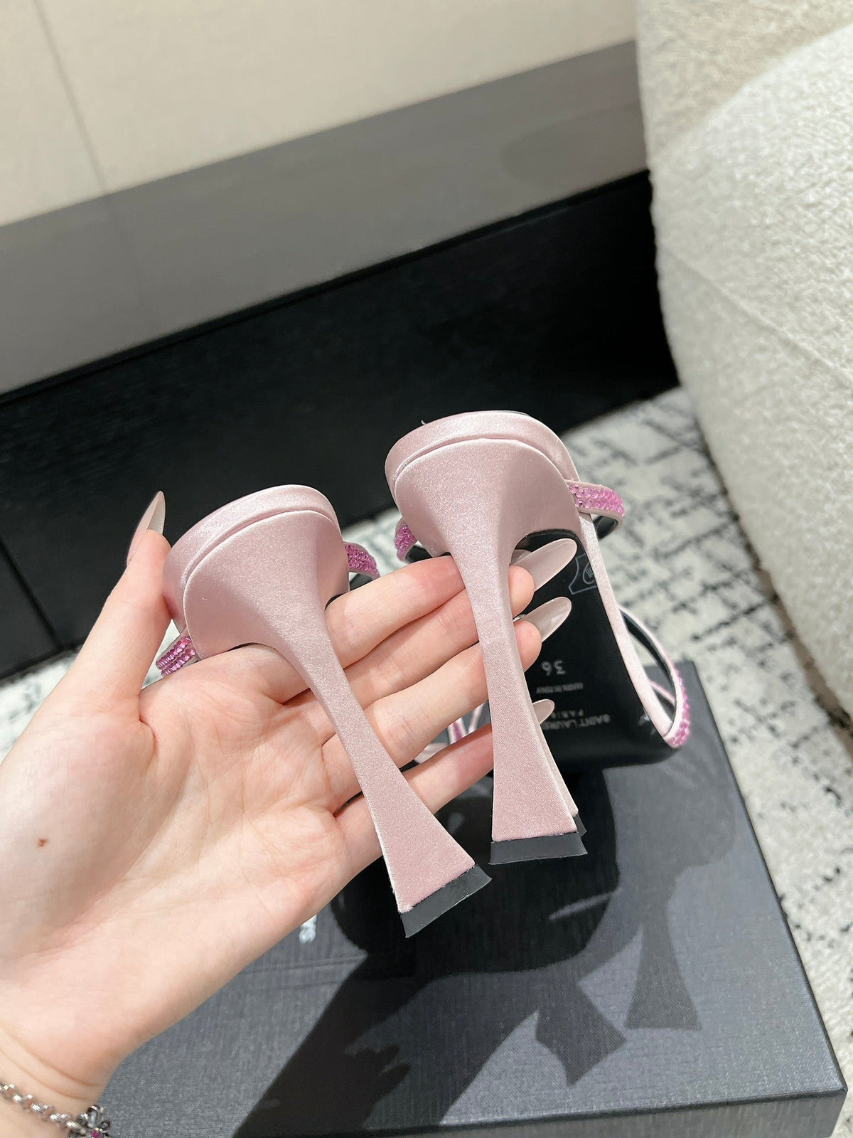 HIGH CRYSTAL STRAP SANDALS IN LIGHT PINK SILK