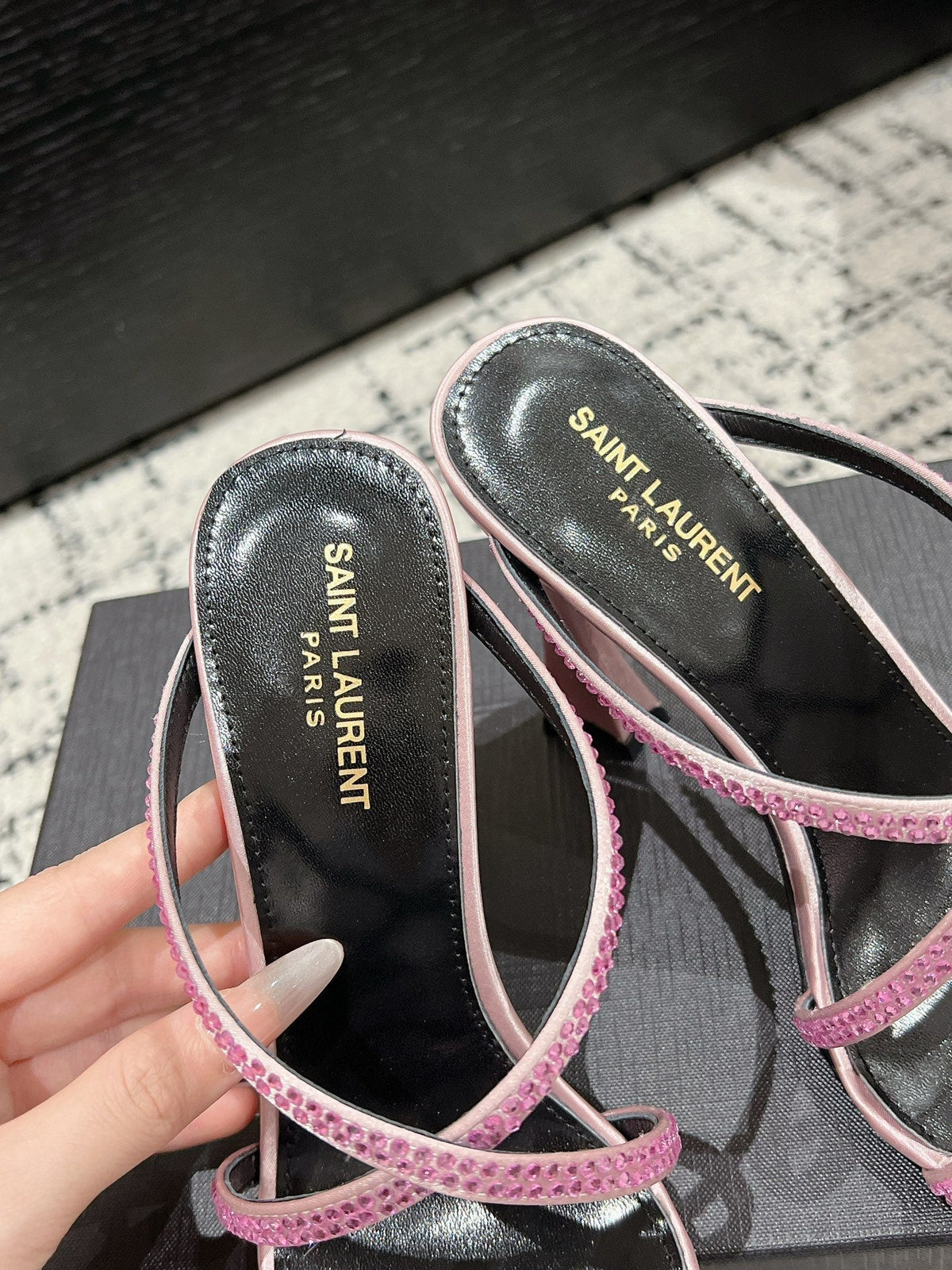 HIGH CRYSTAL STRAP SANDALS IN LIGHT PINK SILK