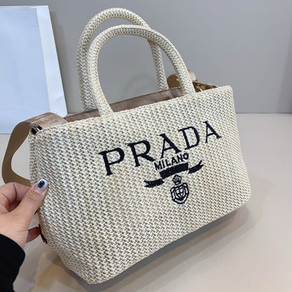 BLACK EMBROIDED LOGO TOTE BAG 29 IN BEIGE WOVEN RAFFIA