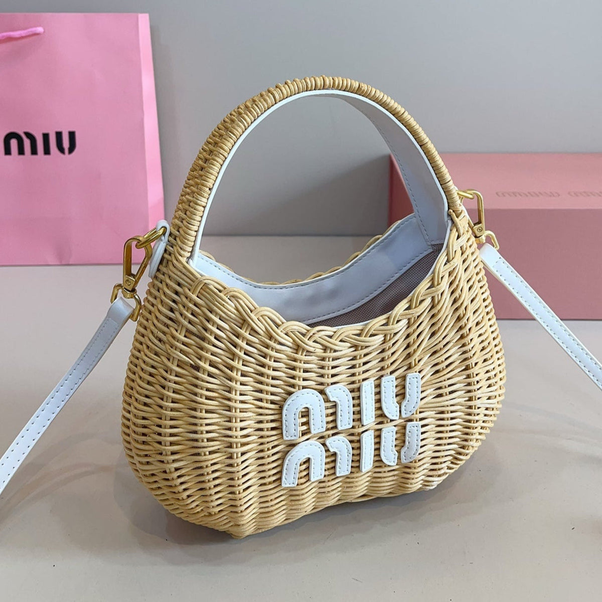 WANDER WICKER HOBO BAG 13 IN TAN BROWN HANDWOVEN WITH WHITE CALFSKIN LOGO