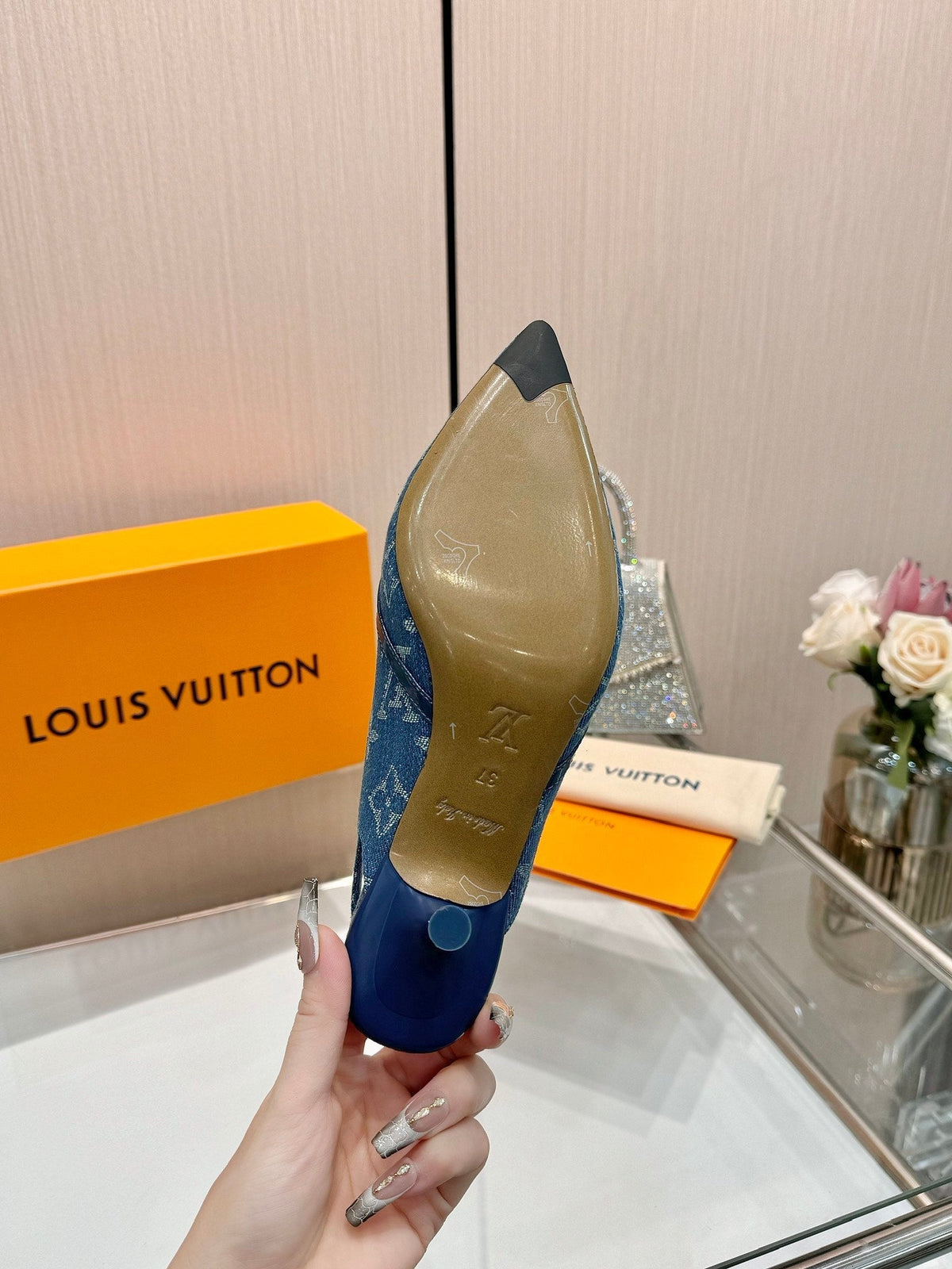 6AM SLINGBACK HIGH HEELS 55 MM IN CLASSIC BLUE MONOGRAM DENIM