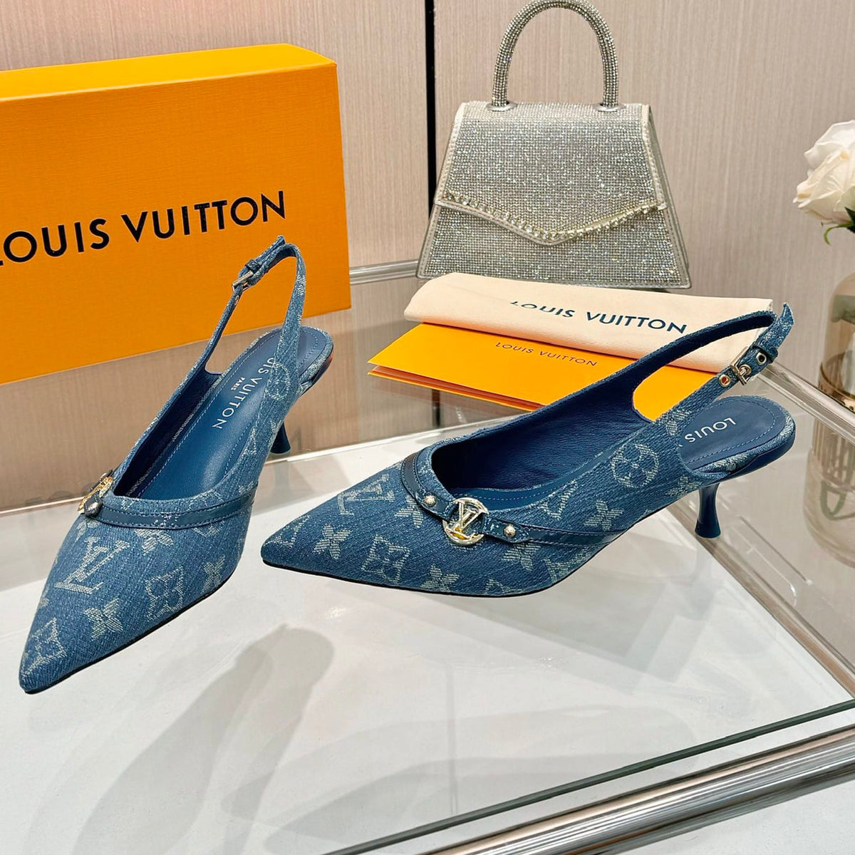 6AM SLINGBACK HIGH HEELS 55 MM IN CLASSIC BLUE MONOGRAM DENIM