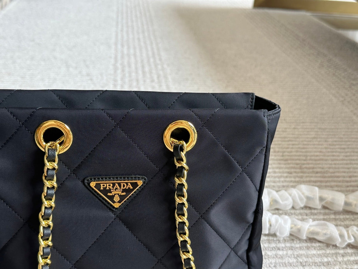 QUILTED HOBO SHOULDER BAG 28 IN BLACK RE-NYLON FABRIC GOLD CHAIN