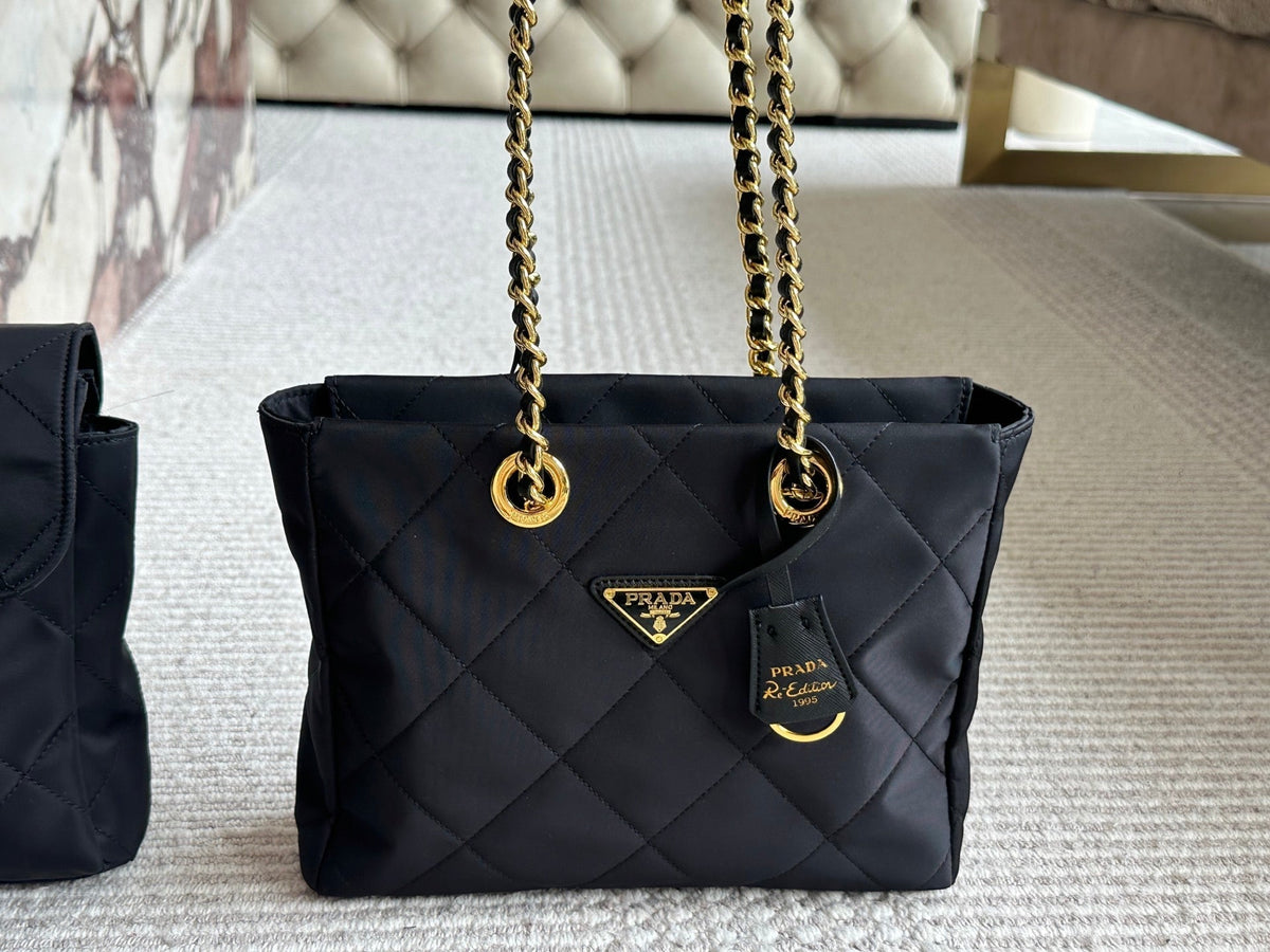 QUILTED HOBO SHOULDER BAG 28 IN BLACK RE-NYLON FABRIC GOLD CHAIN