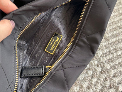 QUILTED HOBO SHOULDER BAG 28 IN BLACK RE-NYLON FABRIC GOLD CHAIN