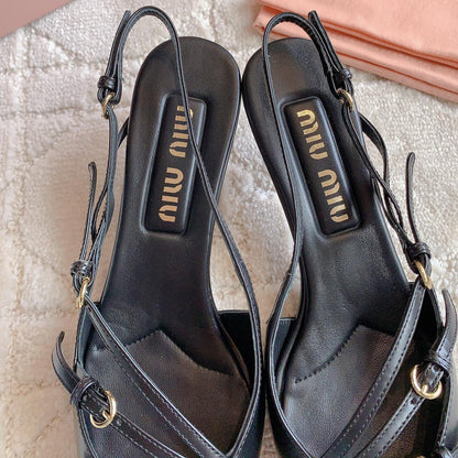 Slingback Black Leather With Stylized Cross Straps - Mid Heels