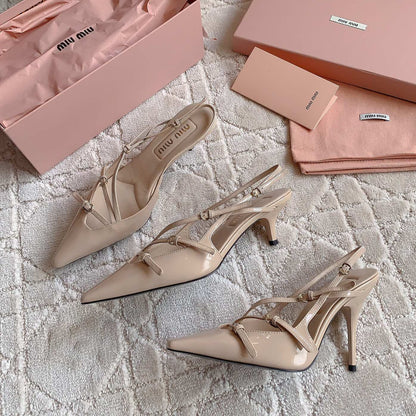 Slingback Ivory Color Leather With Stylized Cross Straps - High heels