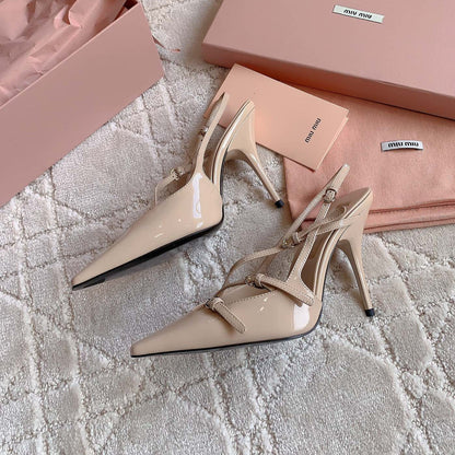 Slingback Ivory Color Leather With Stylized Cross Straps - High heels