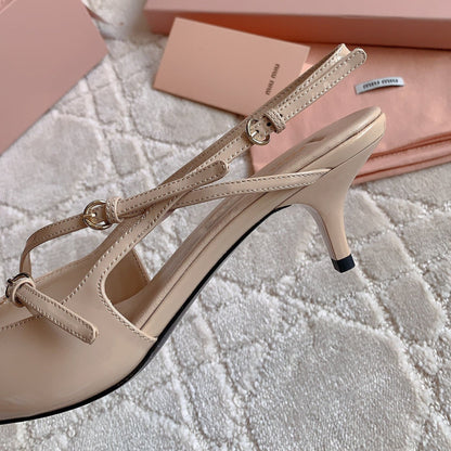 Slingback Ivory Color Leather With Stylized Cross Straps - Mid heels
