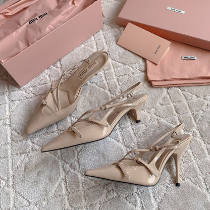 Slingback Ivory Color Leather With Stylized Cross Straps - Mid heels