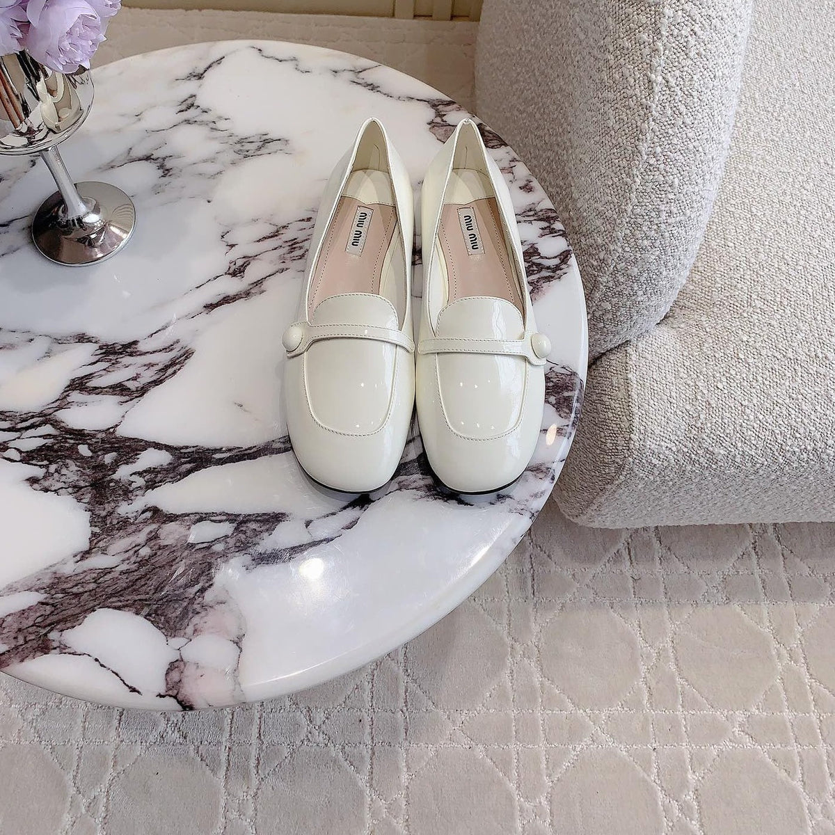 Floral White Loafer Shoes Sheepskin